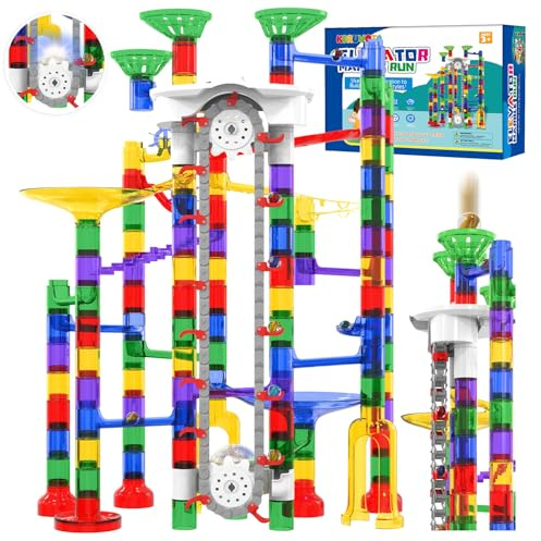 KERUVOTA Big Motorized Marble Run - Construction Building Blocks Toys 220Pcs Marble Race Track with Elevator,Educational STEM Game Christmas Birthday Gifts for Kids 3-5 4-8 8-12 (A-Colorful)