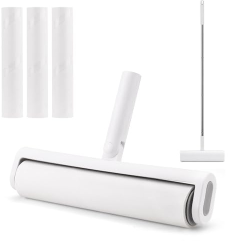 LELE LIFE Grands rouleaux anti-peluches pour poils d'animaux, 24 cm de large et tête rotative à 180°, extra collant, manche long et housse pour tapis, 180 recharges (1 grand rouleau anti-peluches + 3