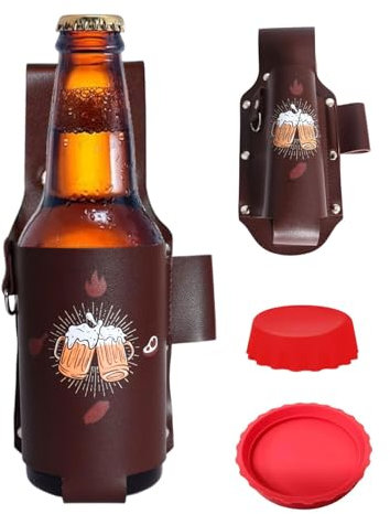 TPZORJX 1 x Cintura per birra, Fondina per birra, Bottiglia di birra in cuoio Cintura per birra, fondina per birra, portabottiglie di birra in pelle, portabottiglie di birra con 2 coperchi.