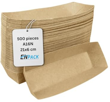 Enpack Snackschale A16 Snackschalen 8x21x4 cm aus Kraftpapier 50 Stück-Einweg Frikandelschale-Pommes-Frites-Trays-Snack Container-Pappschalen-Pappteller-Einweggeschirr Fingerfood