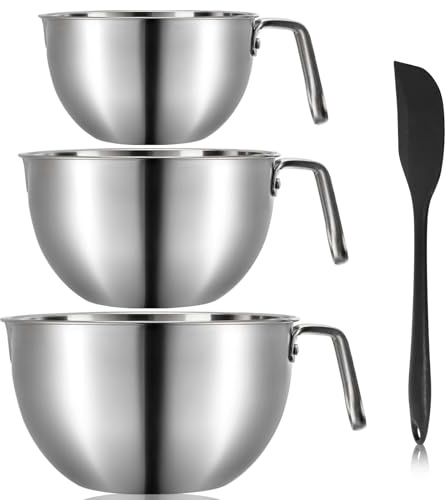 Suwimut 3 Pieces 304 Stainless Steel Mixing Bowls, 1.3/2.1/2.6 Quart Mixing Bowl Set with Handle, Pour Spouts & Measurement Marks, Metal Nesting Bowls with Silicone Spatula for Baking Cooking