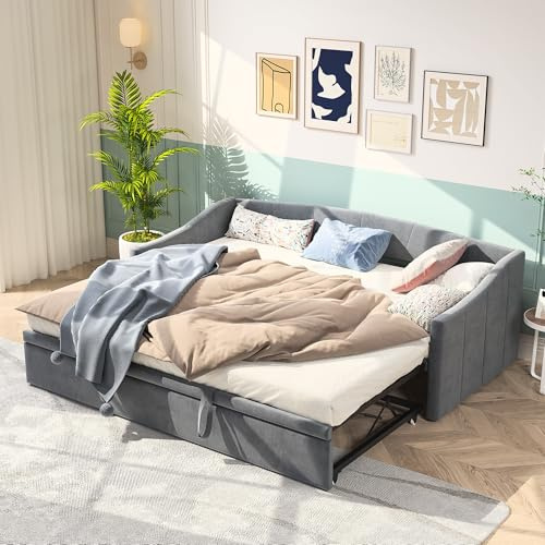 NLDGR Gepolstertes Schlafsofa, 2-in-1-Mehrzweck-Schlafsofa mit Ausziehbett, Verwandelbares Samt-Schlafsofa 90/180 x 200 cm, moderner Zweisitzer für Wohnzimmer, Schlafzimmer (Grau-A)