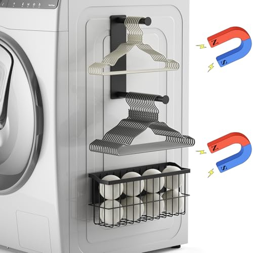 MFTEK Magnetic Dryer Ball Holder and Magnetic Hanger Holder for Laundry Room Organization, Extendable Hanger Organizer Stacker, Magnet Lint Bin, Metal Basket Dryer Ball Container Set (Black)