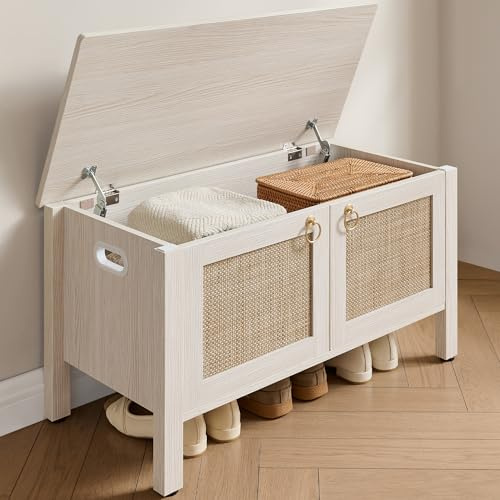 SICOTAS Rattan Shoe Rack Bench with Lift Top Storage: White Farmhouse Boho Shoe Cabinet Entryway Bench with Safety Hinges, Wooden Storage Chest for Bedroom, Entryway, Hallway, Living Room