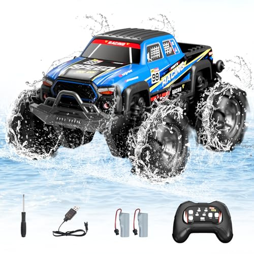 Amphibienfahrzeug Ferngesteuertes Auto, 2.4 GHz 4WD RC Auto, Wasserdicht Amphibisches RC Car, Remote Control Car mit 2 Batterien, Handsteuerung und LED Licht, Spielzeug Geschenk für Kinder 6-12 Jahre