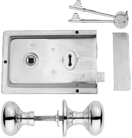Fluted Rim Lock and Rim Door Knob, 6 X 4, Chrome Polished Old Vintage Victorian Style Knobs