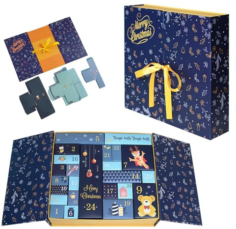 Christmas Boxes Empty Advent Calendar to Fill Yourself, 24 Days Countdown Calendar Packaging Empty Boxes Fillable Countdown Advent Calendars Surprise Gift Box DIY Friendly Gifts for Kid Adult (Blue)