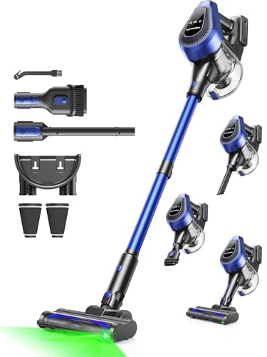 Ivormentico 50Mins Aspiradora sin Cable, 40KPA Aspirador sin Cable con LED Verde, 550W Escoba Aspiradora sin Cable con Filtro de 8 Capas, Aspirador Vertical con 1,5 L Contenedor, Azul Oscuro