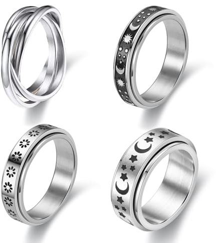 nuneoeuo 4 Pcs Spinner Ring Fidget Rings for Women, Stainless Steel Fidget Rings for Anxiety Women, Fashionable Mood Ring to Relieve Stress Engagement Marriage Promise