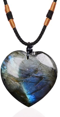 LEPGUYO Herzförmige Mondstein Kette - Natürlicher Edelstein Handschmeichler Reiki Stein, Spirituelles Valentinstagsgeschenk für Männer, Feng Shui Energieheilung