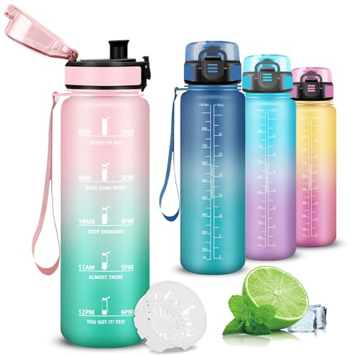 Mujigaga Gourde 1l, Gourde Sport, Gourdes Graduée pour 1 Journee, Facile à Nettoyer, Gourdes Reutilisable avec Marqueur de Temps, anti Fuite, pour Camping, Yoga, Running, Randonnée