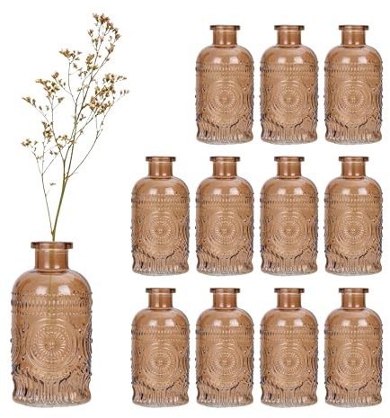 Relaxdays Glasvase, 12er Set, Deko-Vase, geprägtes Vintage-Design, HD: 13x6 cm, Mini-Vasen für Tischdeko, Glas, Farbwahl | HD: 13x6 cm, Mini-Vasen für Tischdeko, Glas