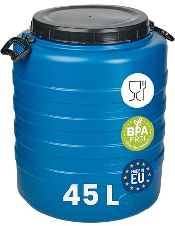 Garronda Fût Alimentaire 45L Plastique HDPE Tonneau Baril pour Eau GD-0186 | Bidon Plastique, Grande Ouverture, avec Couvercle, pour Aliments Stockage et Fermentation Recuperateur d'Eau de Pluie, Bleu