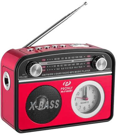 PRONLY Portable AM/FM Radio mit Bluetooth im Vintage-Stil, Radio Batteriebetrieben mit Uhr & Taschenlampe, USB/TF-Wiedergabe, für Camping, Alltag & Notfälle, Rot (PR-1002BT)