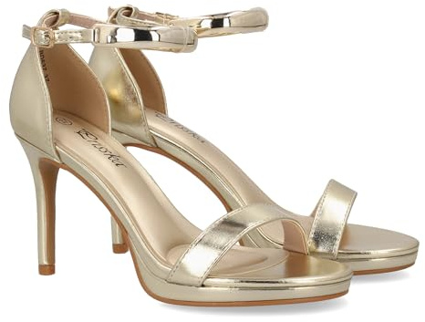 shoes&blues.es Sandalia de Tacon para Mujer con Diseno Elegante, para Ocasiones Especiales y Eventos destacados. Tira Ancha en el Tobillo Metalizada, Cierre de Hebilla y Tacon Alto de Aguja.