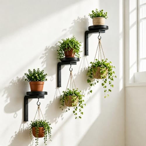 VeftBltrem Pflanzenhalter Wand 3er Set, Blumenständer Wandmontage mit Abnehmbarem Untersetzer & Haken, Pflanzenregal aus Metall für Innen, Einfache Montage für Balkon, Wohnzimmer, Terrasse, Schwarz