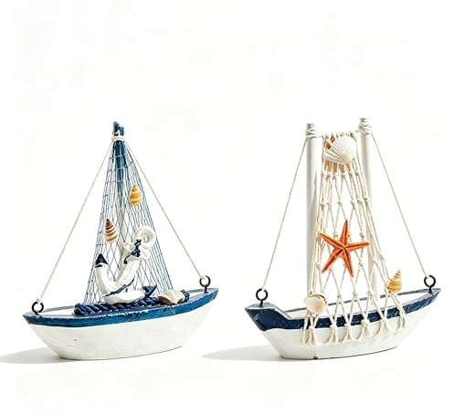 LSYLND 2pc Mini Sailboat Decor, Handmade Wooden Sailboat Ornament Starfish Anchor Nautical Home Office Desktop Party Decor