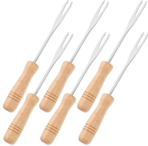 SHERCHPRY Set Fonduta 6 Forchettine in Acciaio con Manico in Legno, Facili da Pulire, per Fondue di Cioccolato e Frutta, Utilizzo in Cucina e Buffet