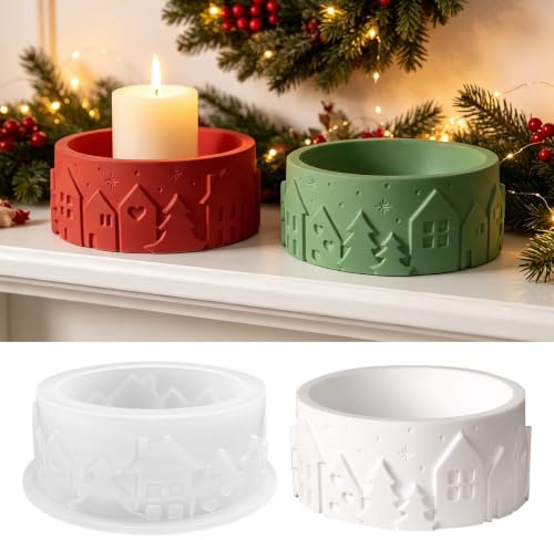 TZEKING Silikonform Gießform, Runder Kerzenhalter mit Haus und Weihnachtsbaum Motiv, 3D Silikonform für Weihnachtsdeko, DIY Beton Gips Kerze