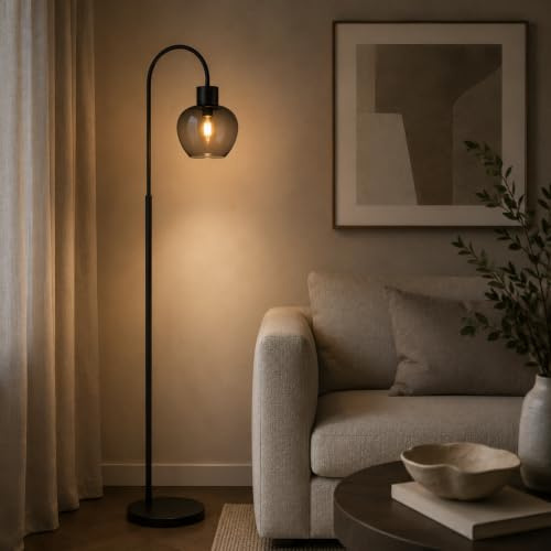 Lightbox Stehleuchte, E27 Fassung, Höhe 164 cm, Fußschalter, Aluminium und | Stehleuchte, E27 Fassung, Höhe 164 cm, Fußschalter, Aluminium und Glas, Schwarz mit Rauchglas, modernes Glamour Design für