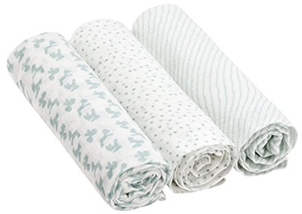 LÄSSIG Baby Puckdecke Spuckdecke Pucktuch Mulltuch 3er Set Baumwolle 85 x 85 cm/Swaddle & Burp Blanket L Lela green