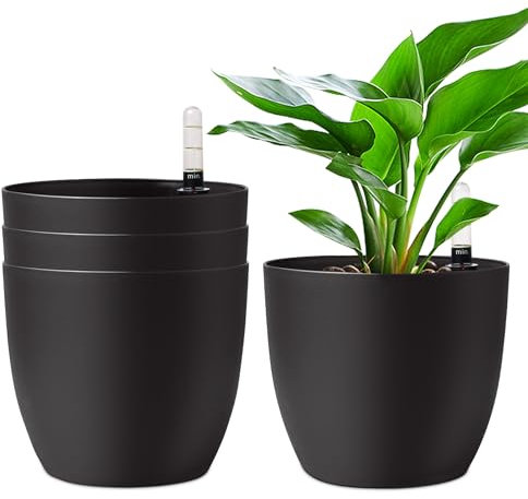 T4U 18cm Selbstwässernder Blumentopf mit Wasseranzeiger Schwarz 4er-Set, Selbstbewässerung Wasserspeicher Pflanzgefäß Übertopf für Innen- und Außenbereich