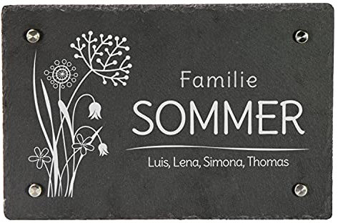 LAUBLUST Türschild Schiefer Personalisiert - Blumen Motiv - Haustürschild mit Name - 3 Größen, 4 Edelstahl Wandhalter
