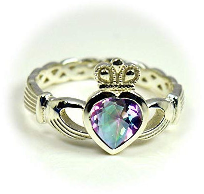 Irischer Claddagh-Silberring mit natürlichem Edelstein, Freundschaftsring, 55 Karat, Größe 5 bis 12, Edelstein, Mystischer Quarz