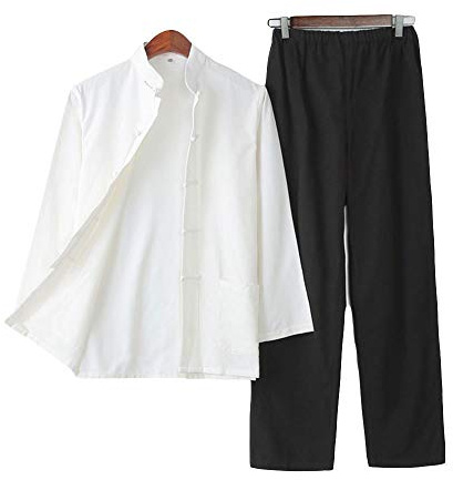G-LIKE Herren Anzug Chinesischer Stil - Traditionelle Kampfkunst Kung Fu Tai Chi Wushu Klassisch Tangzhuang Langärmelig Hemd Hose Training Uniform Frühling Herbst Freizeit Kleidung (Weiβ&Schwarz, L)