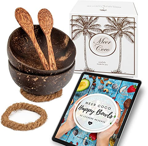 Meer Coco I Kokosnuss Schale 2er Set I INKL. 33 Rezepte E-Book I Kokosschalen I Holz Löffel I Untersetzer I Ideal für Acai- Muesli- Frühstücks- Smoothie- Bowl I Buddha Schüssel
