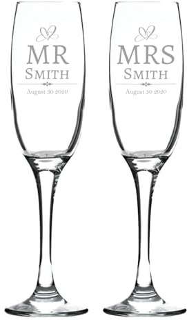 MR & MRS Date Personalised Pair of Champagne/Wine Flute Glasses | Wedding/Engagement/Anniversary, White Boxes
