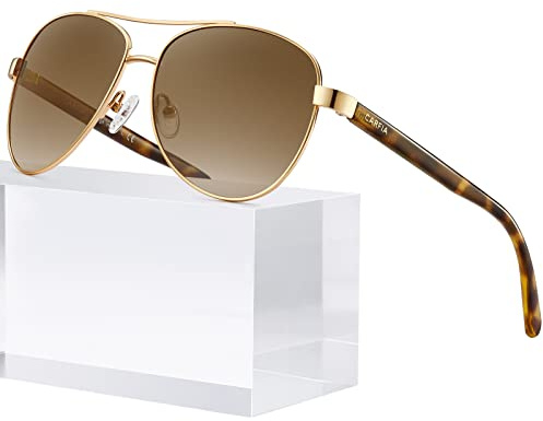 CARFIA Polarized Sunglasses for Women UV Protection Acetate Arms Gold Metal Frame Brown Gradient Lens CA3216