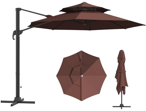 Outsunny 11ft Cantilever Patio Umbrella with Base, Double Top Hanging Aluminum Offset Umbrella with 360° Rotation, Easy Tilt, 8 Ribs, Crank, Cross Base for Backyard, Brown