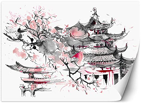 Feeby Photo Murale Intisse Japon Aquarelle 350x245 cm rose Déco Murale Tableaux Muraux À La Maison Chambre à Coucher, Salon, Chambre D'amis Pagode Fleur De Cerisier
