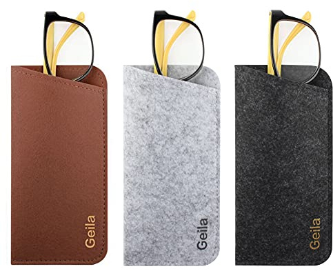 Geila 3-pack glasögonfodral, filt glasögon påse fodral, mjuk ficka hållare fodral väska, glasögonförvaringsväska makeuppåse glasögon ärm, Mörkgrå, mörkbrun, ljusgrå, Lightweight