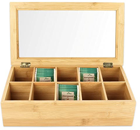 Schramm® Scatola da tè in bambù, coperchio 36 x 20 x 9 cm, con 10 scomparti, con finestrella, scatola per tè