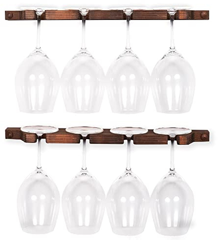 Rustic State Suvla Wall Mounted Wood Stemware Rack Hanging Shelf Glassware Holder Bar Organizer with 8 Wine Glass Storage 17 Inch Long Walnut