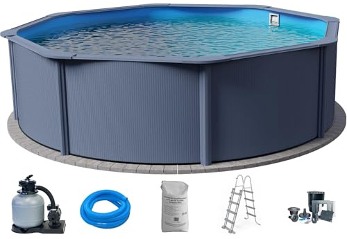 Planet Pool Stahlwandpool Set (5-teilig) hoch rund Classic 450 x 120 cm, Stahl 0,45mm anthrazit Folie 0,3mm blau