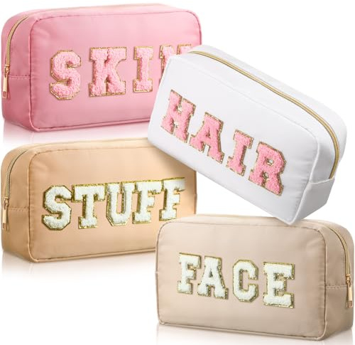 Remerry 4 Pcs Preppy Makeup Bags,Light Brown, Beige, Light Pink, White