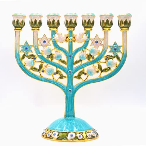 Cohen Tsemach Art & Gift 7 Zweige Menora Kerzenhalter Kristall Strass Beweled Handbemalter Davidstern Emaille Kerzenständer Motive von Granatäpfeln und Tauben