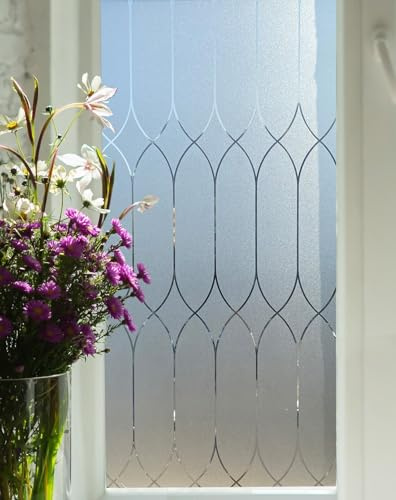 Privacy Window Film Decoration, Heat Control Window Tint for Home, Static Cling Glass Door Coverings Window Sticker Removable Non-Adhesive UV Blocking, Frosted Film w/Clear Morocco Lines, 35.4x157