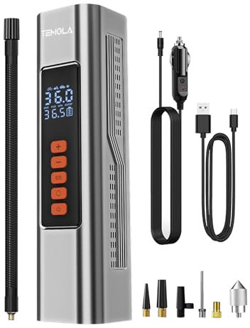 TEMOLA Compressore Aria Portatile, Compressore Bici, Gonfiatore Elettrico Portatile con Display Digitale e Luce D'emergenza, Mini Compressores Portatiles per Accessori Auto, Bicicletta, Motocicletta