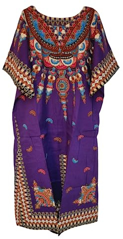 Vestido largo de caftán para mujer, 100 % algodón, estampado africano, talla única, suelto, estilo holgado, para la playa, Morado (, Talla única