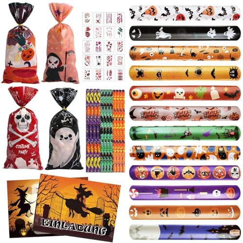 Leonshco 68 Stück Mitgebsel Kindergeburtstag: Halloween Party Deko Spielsetmit Schnapparmband, Party Einladungen, Bleistift, Geschenktüte, Narbenaufkleber, Halloween Mitgebsel für Jungen und Mädchen