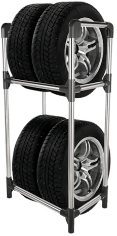 Hershii Reifenständer 2 Ebenen Reifenregal für 4 Reifen aus Metall für Garage Keller Werkstatt Lagerhaus,57.2 X 37.3 X 114.6cm (Black + Silver)