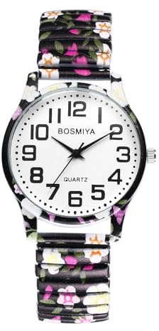 JewelryWe Montre Femme Bohème Extensible: Bracelet Montre Femme Élastique Fantaisie en Acier Inoxydable Imprimé Coloré, Grand Chiffres Arabes Facile à Lire - Cadeau Anniversaire ou Fête des Mères