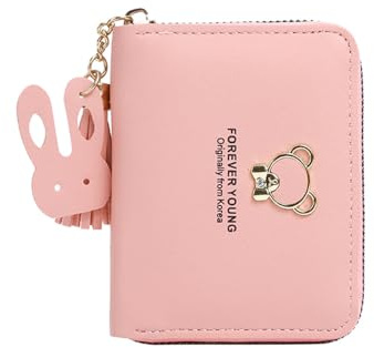 IFUDE Grazioso portafoglio per ragazze e donne, mini portafoglio per bambini in morbida pelle PU con cerniera, design cartoni animati, portamonete e scomparti per carte di credito, Colore: rosa., 10,5