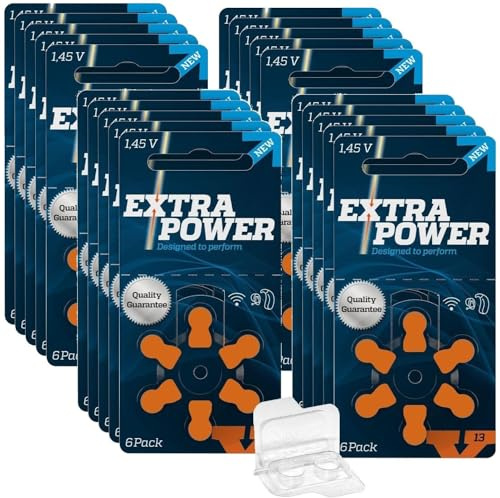 Extra Power 24606 Lot de 120 piles pour appareils auditifs PR48 Orange Taille 13 + boîte de rangement