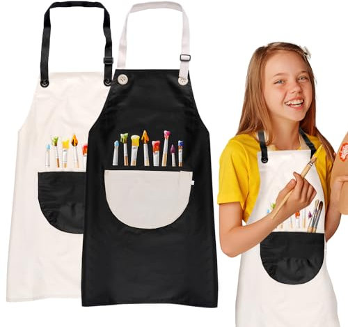 2pcs Malkittel Kinder Mädchen Jungen, 60*45cm Malschürze Kinder Schule Ab 6 Jahre, Wasserdicht Malkittel, Verstellbare Malschürze mit Taschen, Bastelschürze für Basteln Malen Backen -Grau, Schwarz