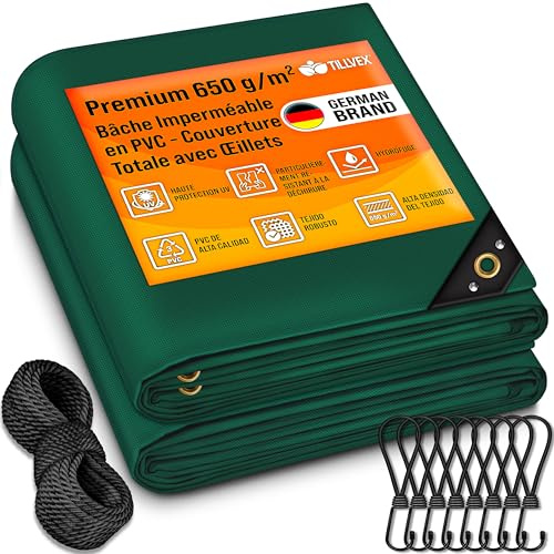 tillvex®, Telone di copertura con occhielli + 10 elastici e corda da 15 m, telo 650 g/m², impermeabile e antistrappo, telo in PVC di alta qualità, universale, per camion, piscina, mobili da giardino e